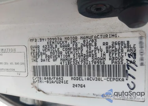 2003 Toyota Camry Xle из США, поврежденный, VIN 4T1BE32K73U170956